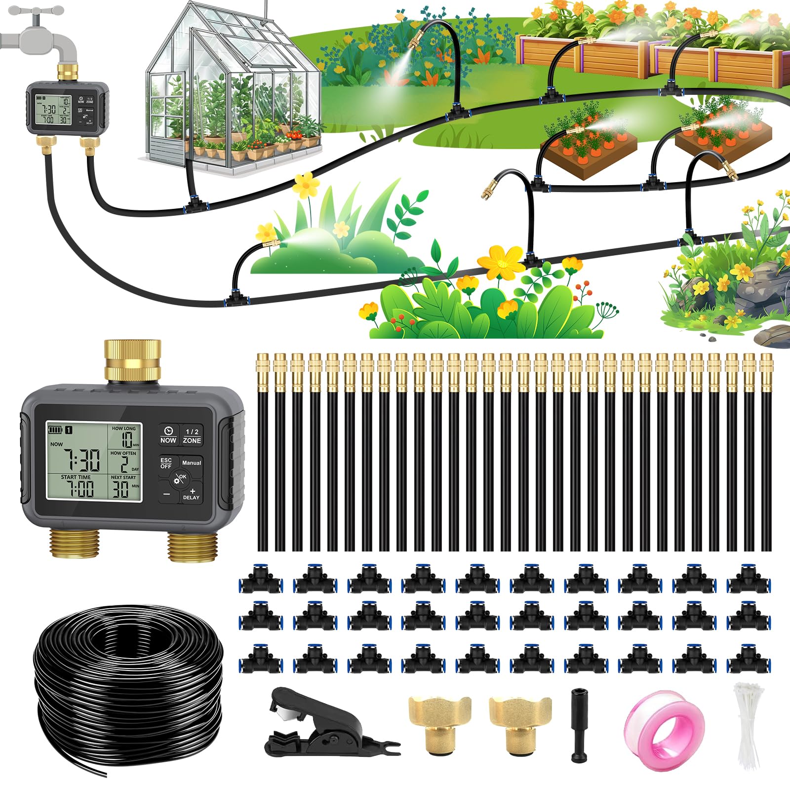 HEKIWAY 120FT Drip Irrigation System with Smart Timer front view
