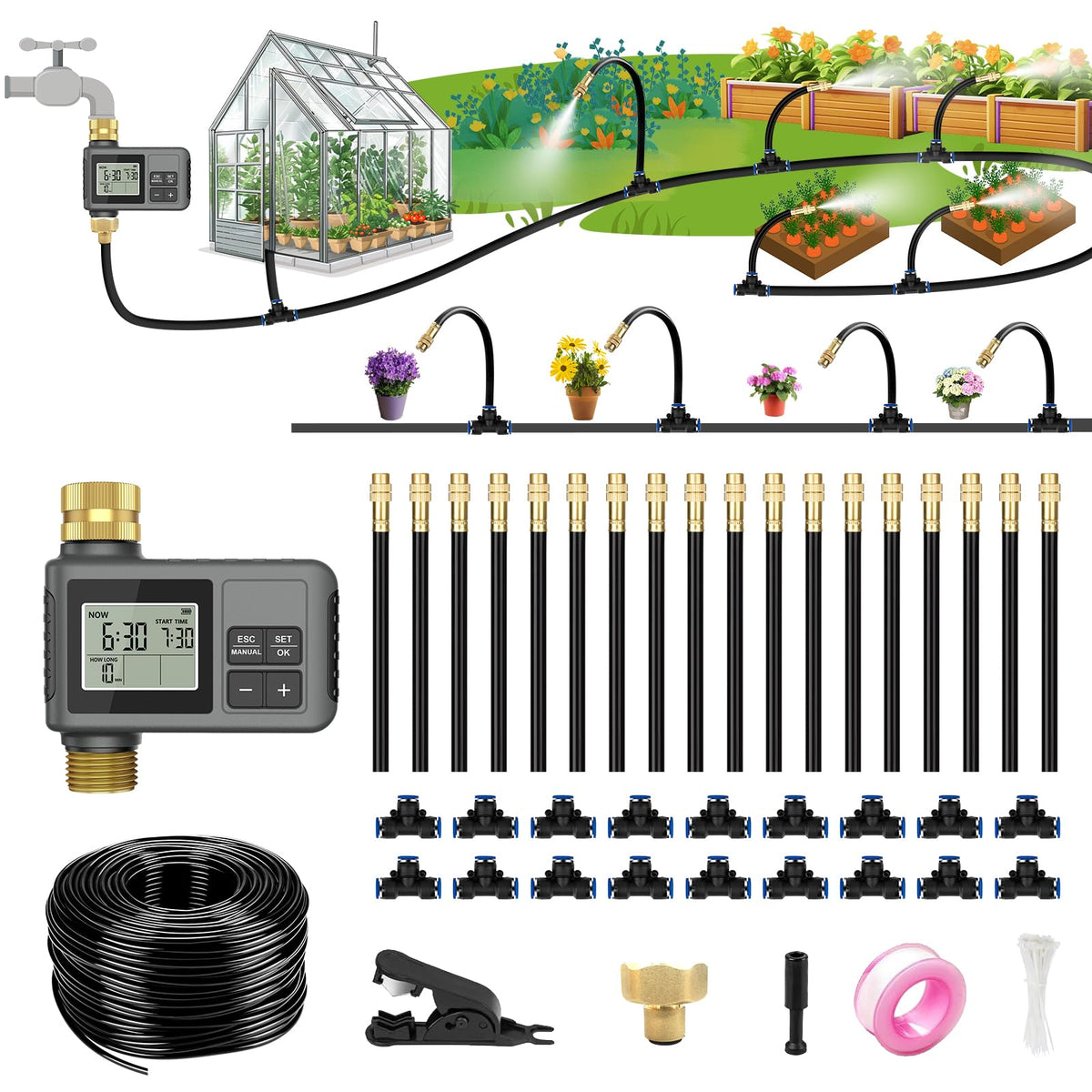 HEKIWAY 60FT Drip Irrigation System with Smart Timer front view