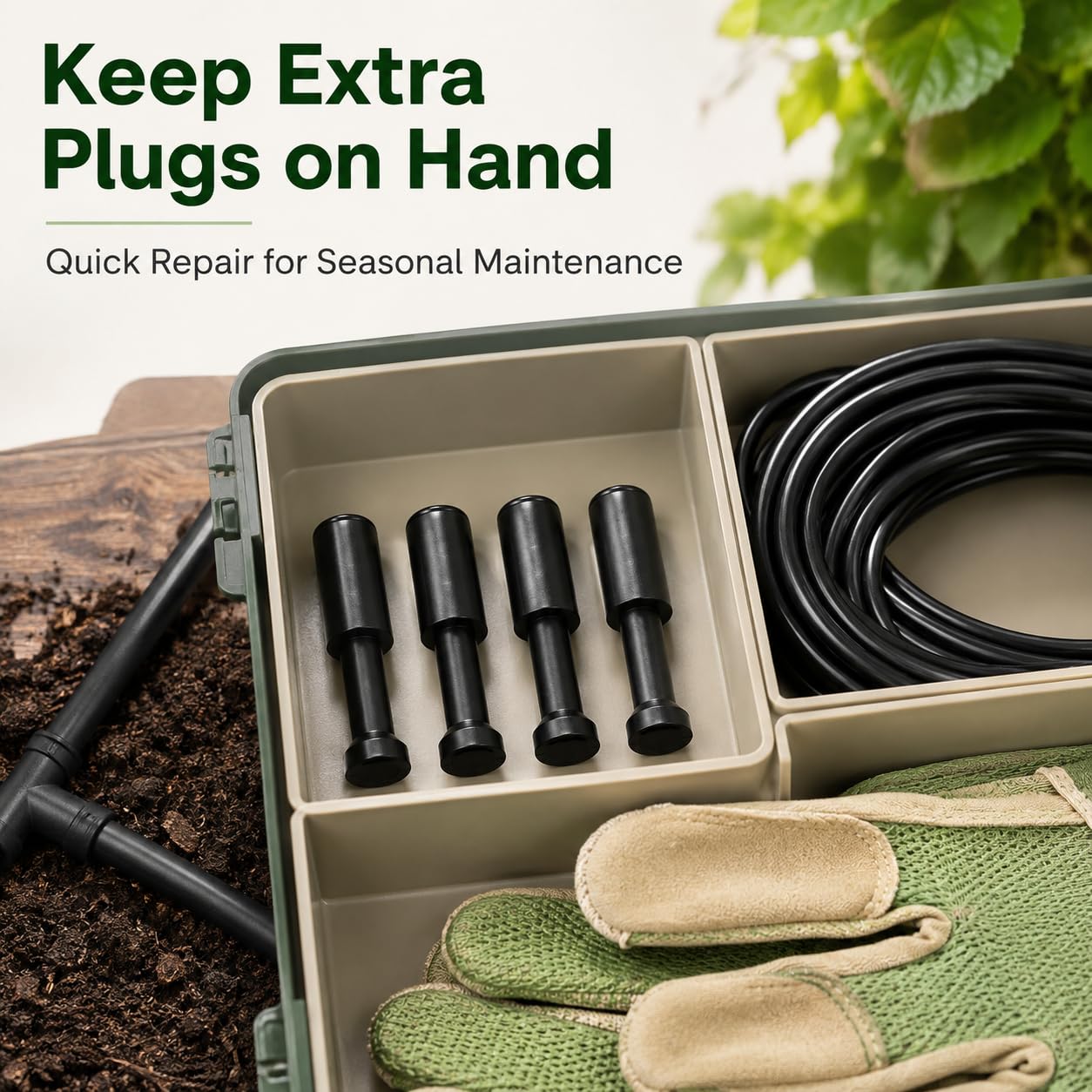 HEKIWAY Drip Irrigation T Plugs installed in a vegetable garden