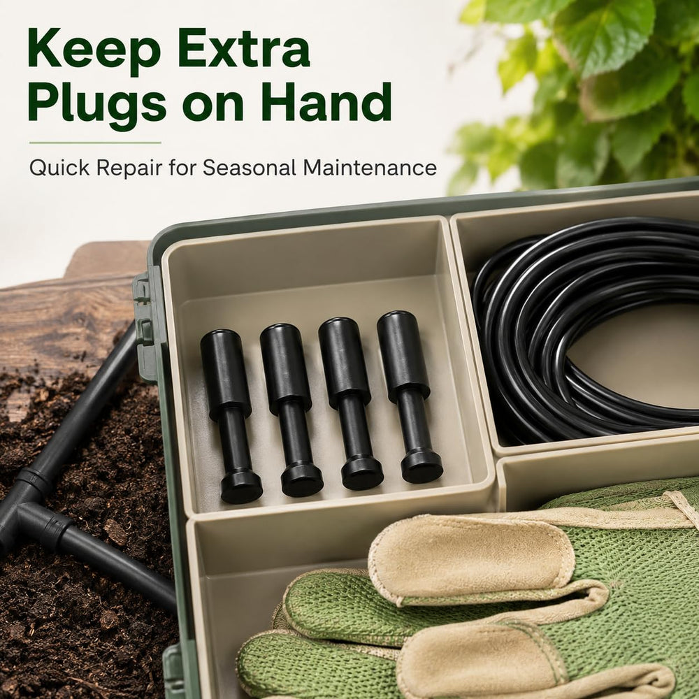 HEKIWAY Drip Irrigation T Plugs installed in a vegetable garden