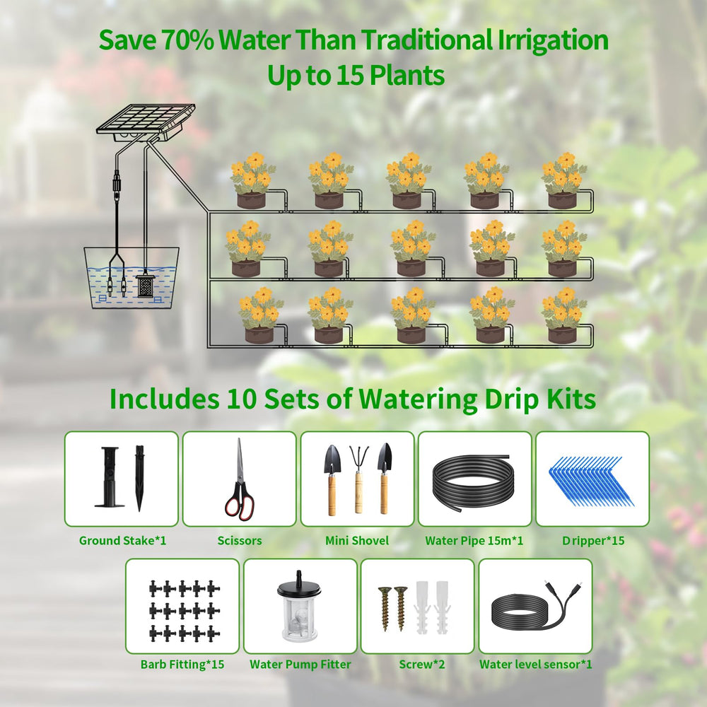 HEKIWAY Solar Drip Irrigation System showing Type-C charging port