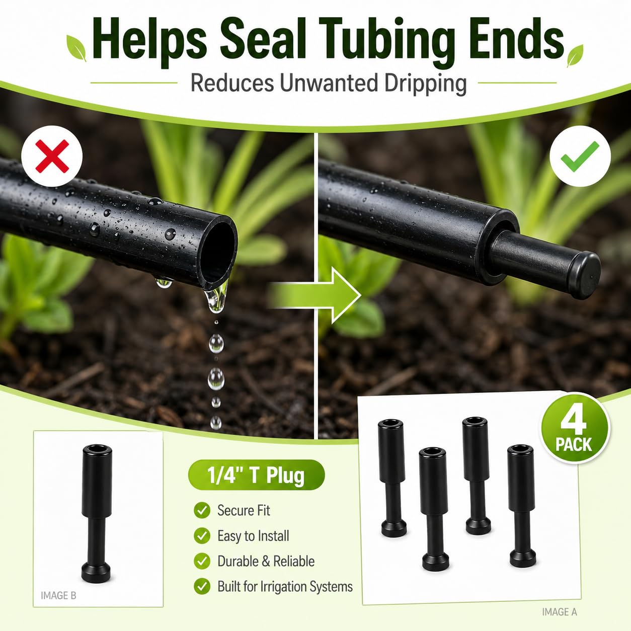 HEKIWAY T Plugs installed in drip irrigation tubing