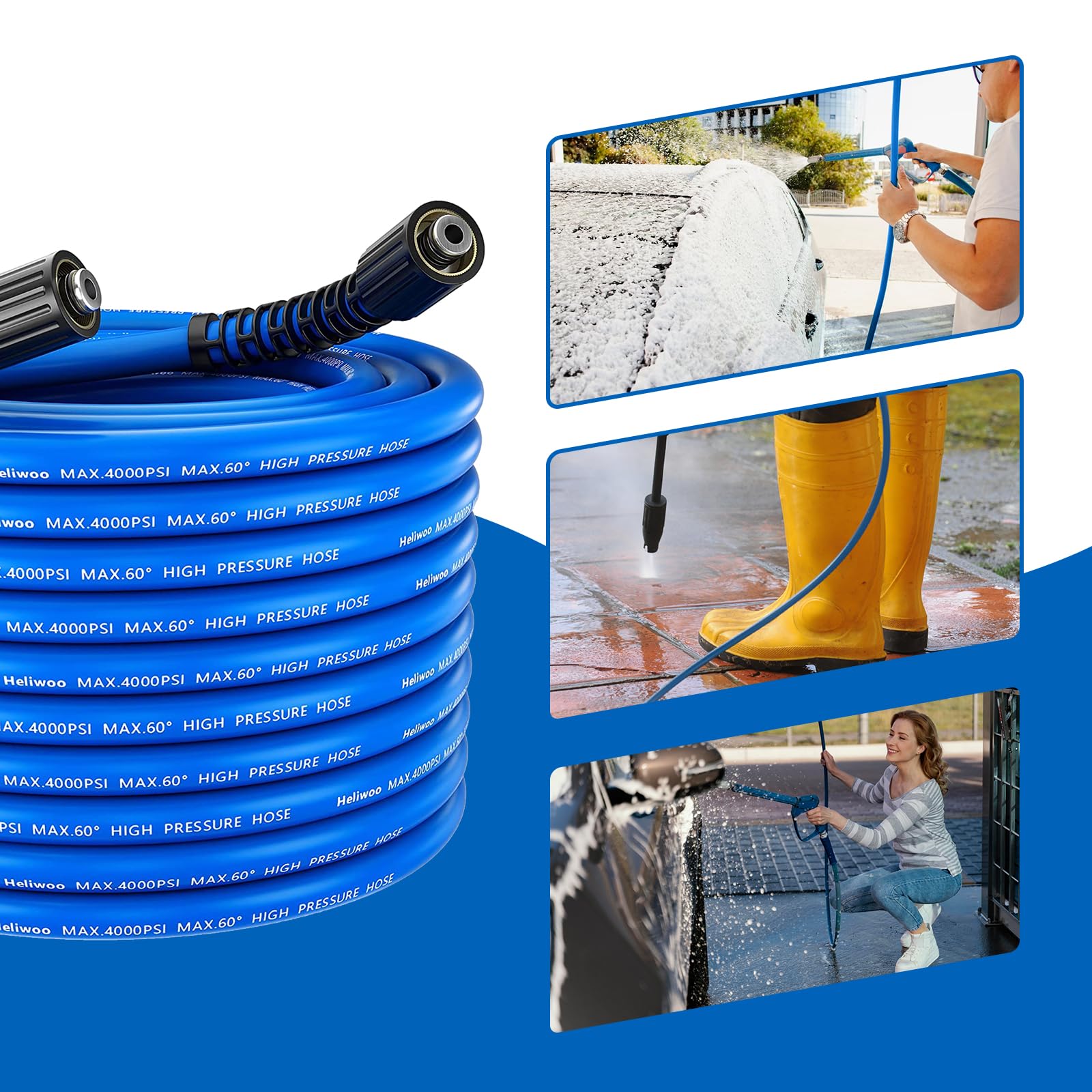 Heliwoo Pressure Washer Hose 25FT showing connection to pressure washer