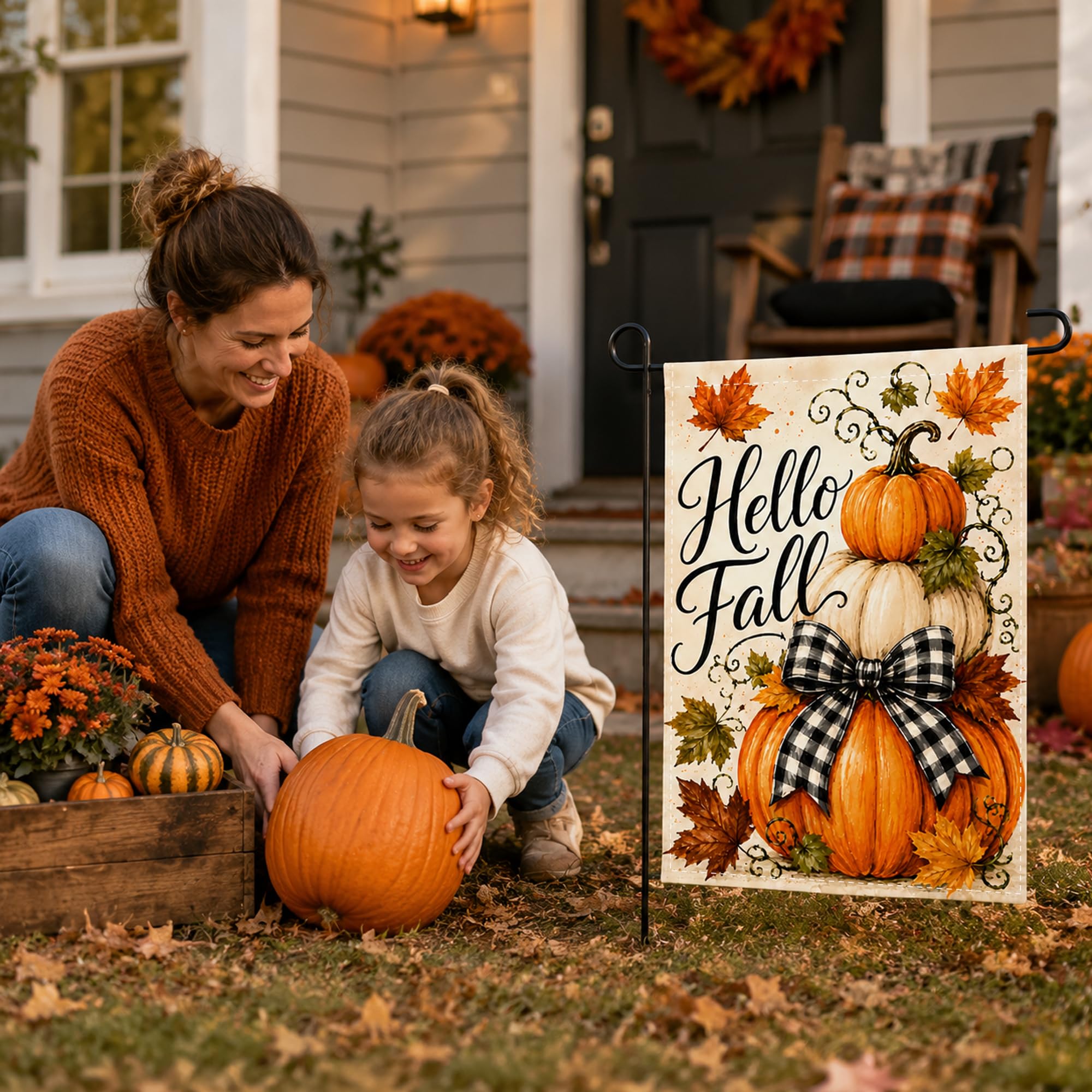 Hello Fall Garden Flag displayed in a garden setting