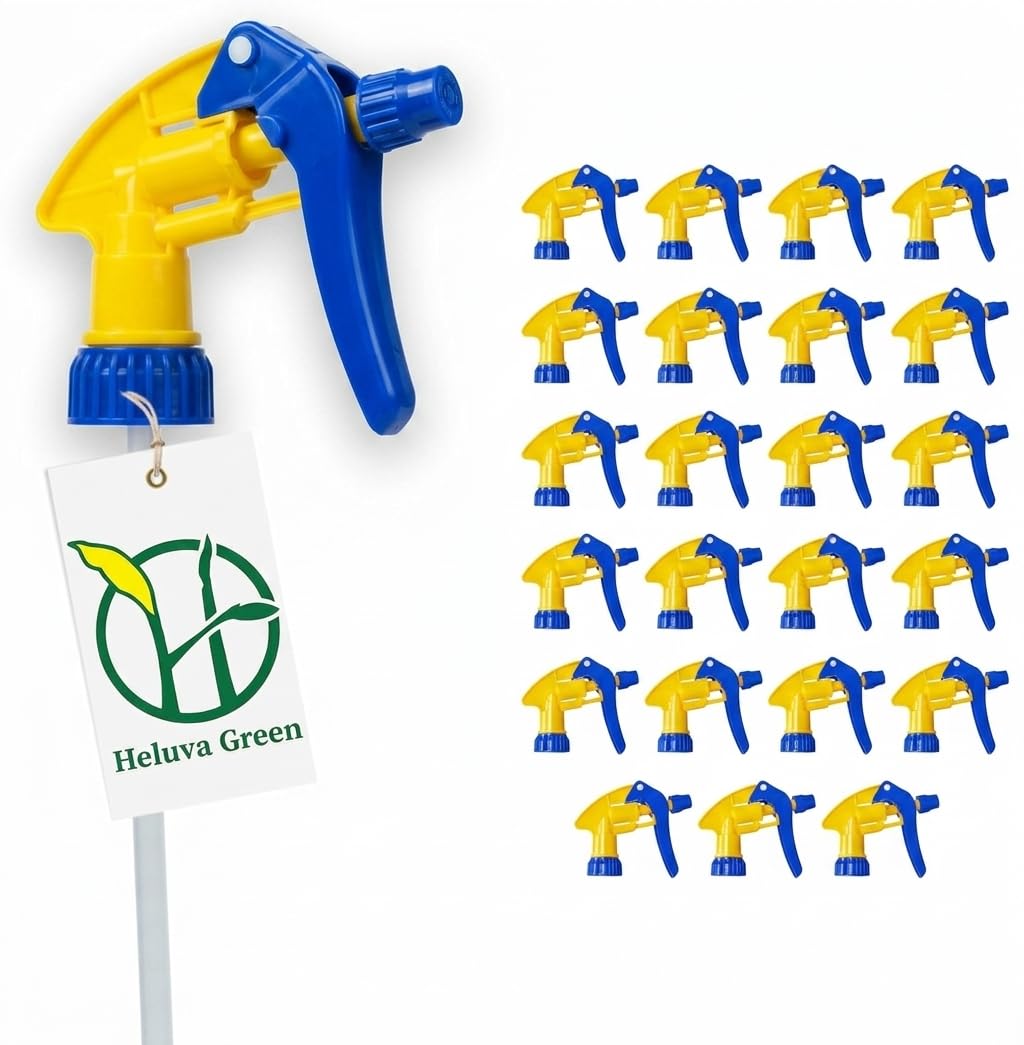 Heluva Green spray bottle nozzle replacement tops in blue and yellow, 24 pack