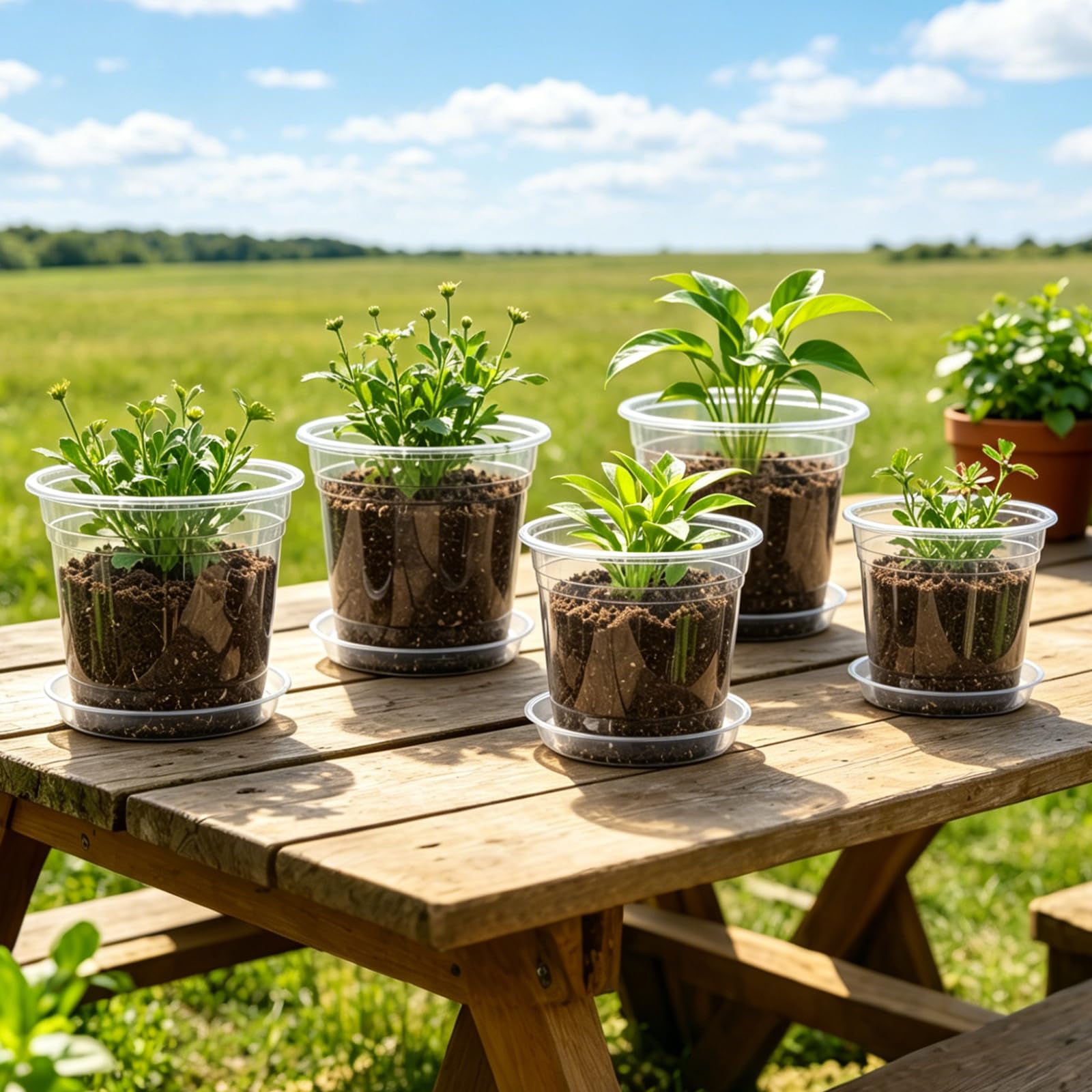 Hemikaki nursery pots arranged on a balcony