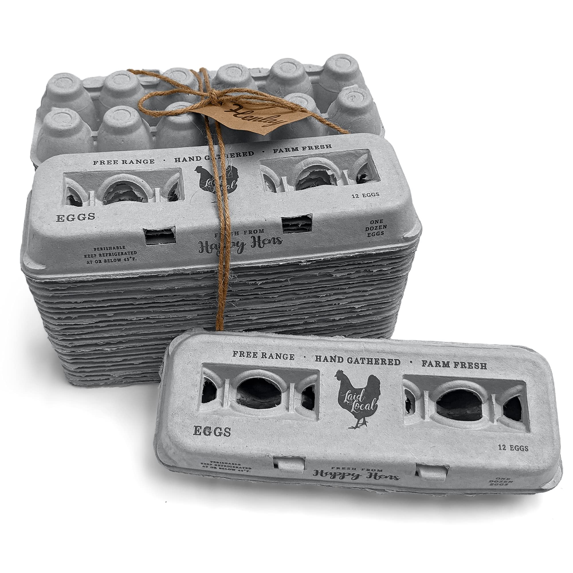 Henlay egg carton showing vintage farmhouse design and safe handling print