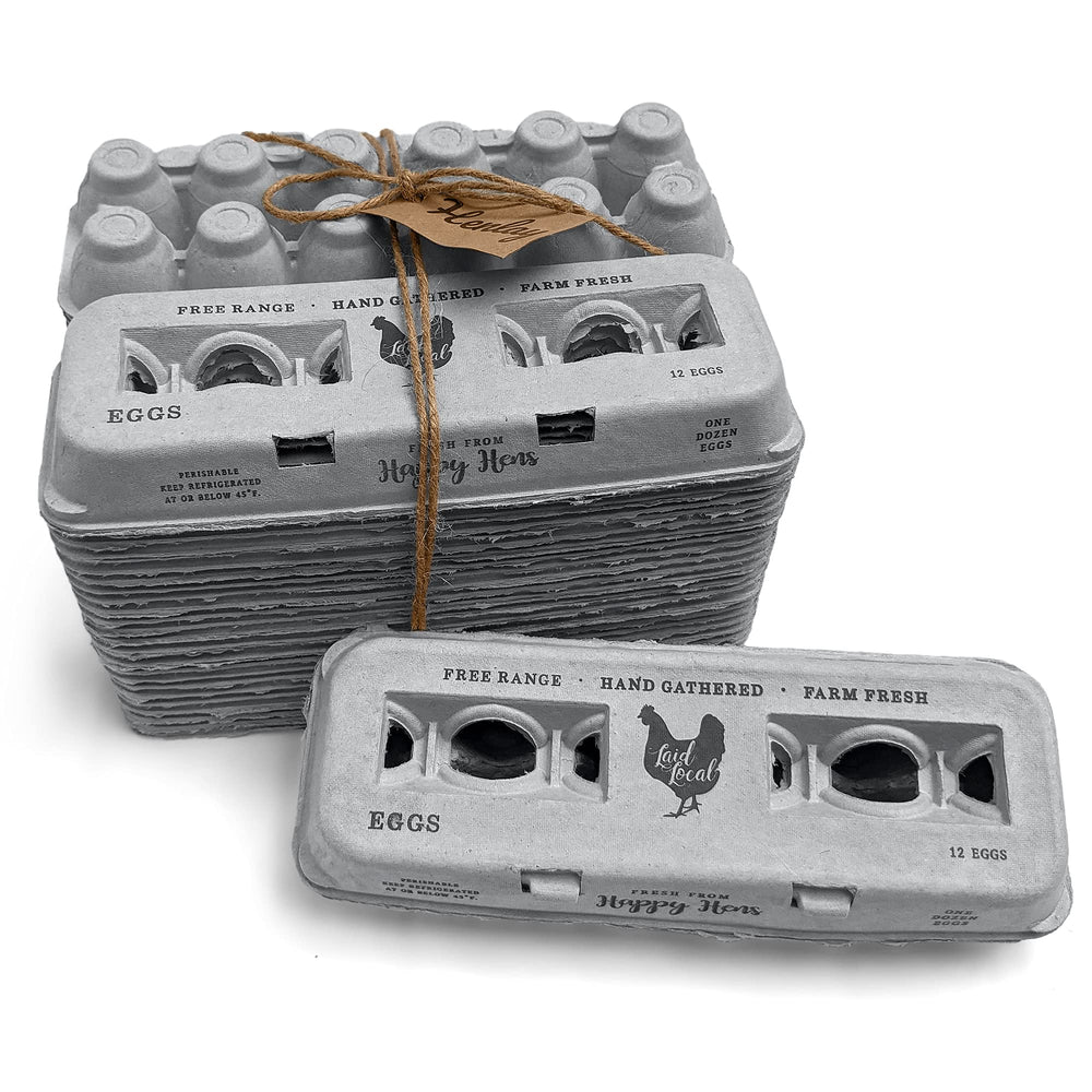 Henlay egg carton showing vintage farmhouse design and safe handling print