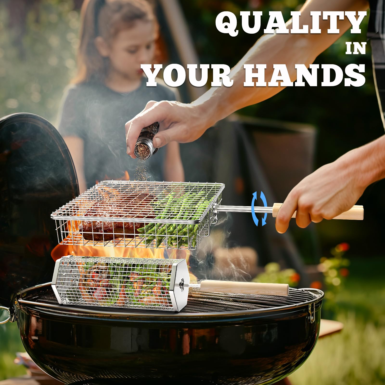 Hexagon grill basket filled with vegetables on a campfire