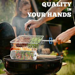 Hexagon grill basket filled with vegetables on a campfire