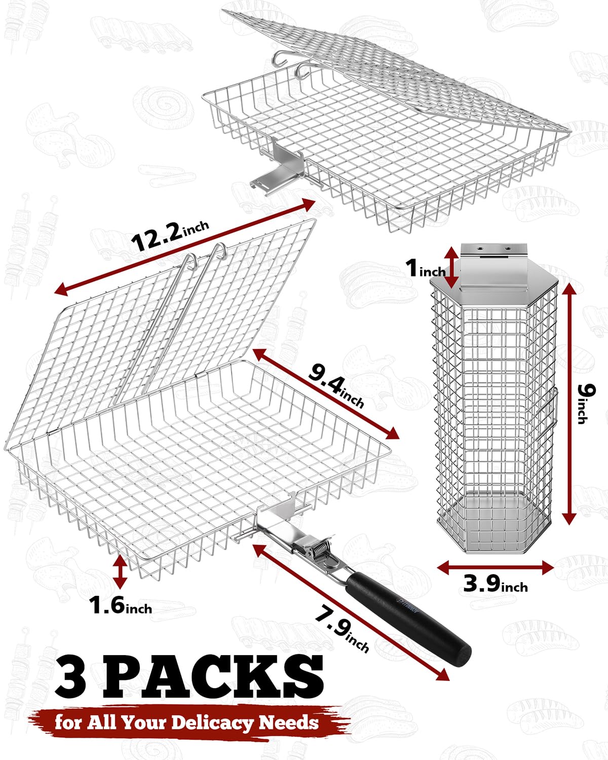 Hexagonal grill basket with shrimp and vegetables on grill