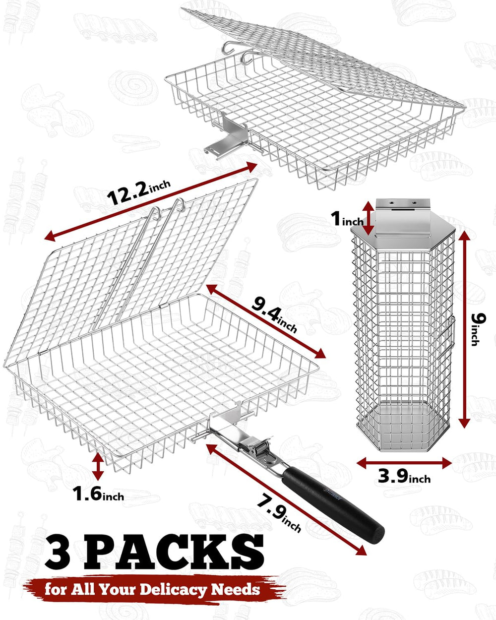 Hexagonal grill basket with shrimp and vegetables on grill