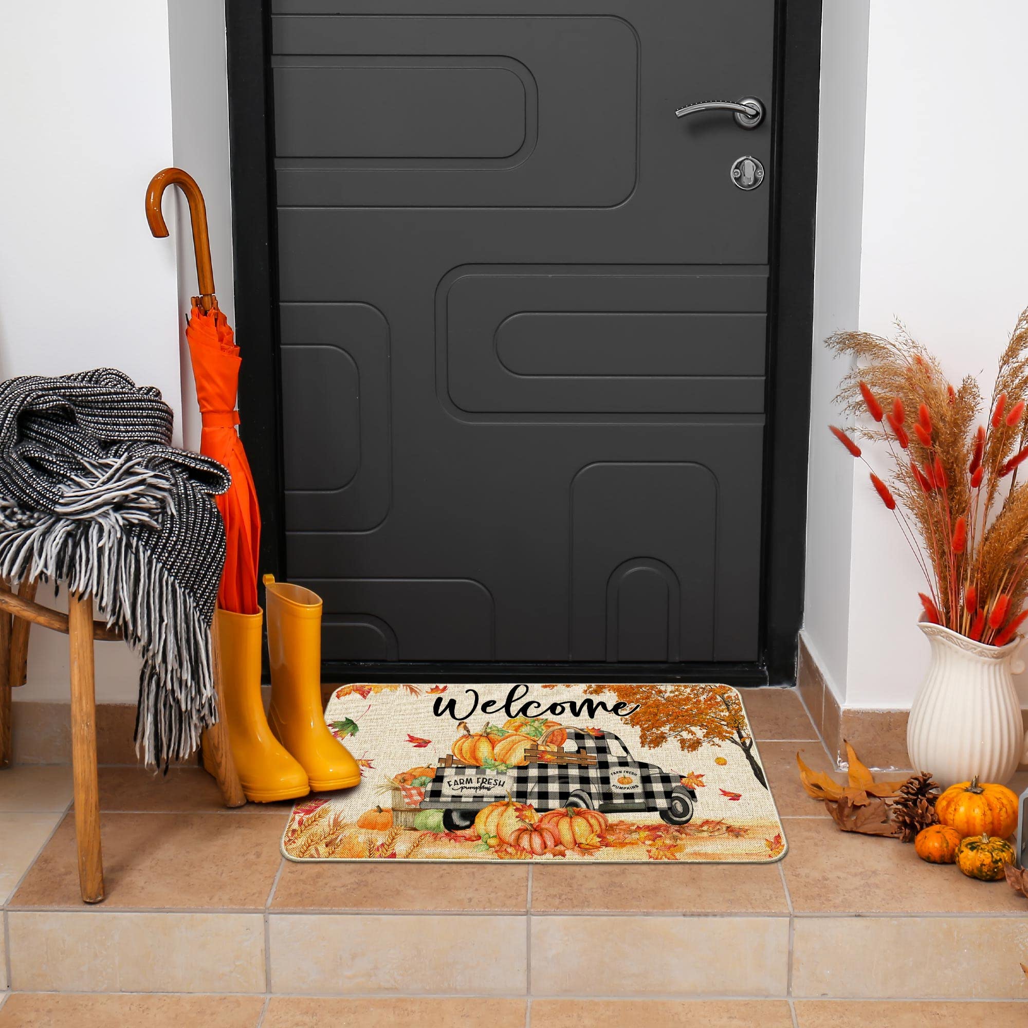 Hexagram Fall Door Mat with autumn decorations