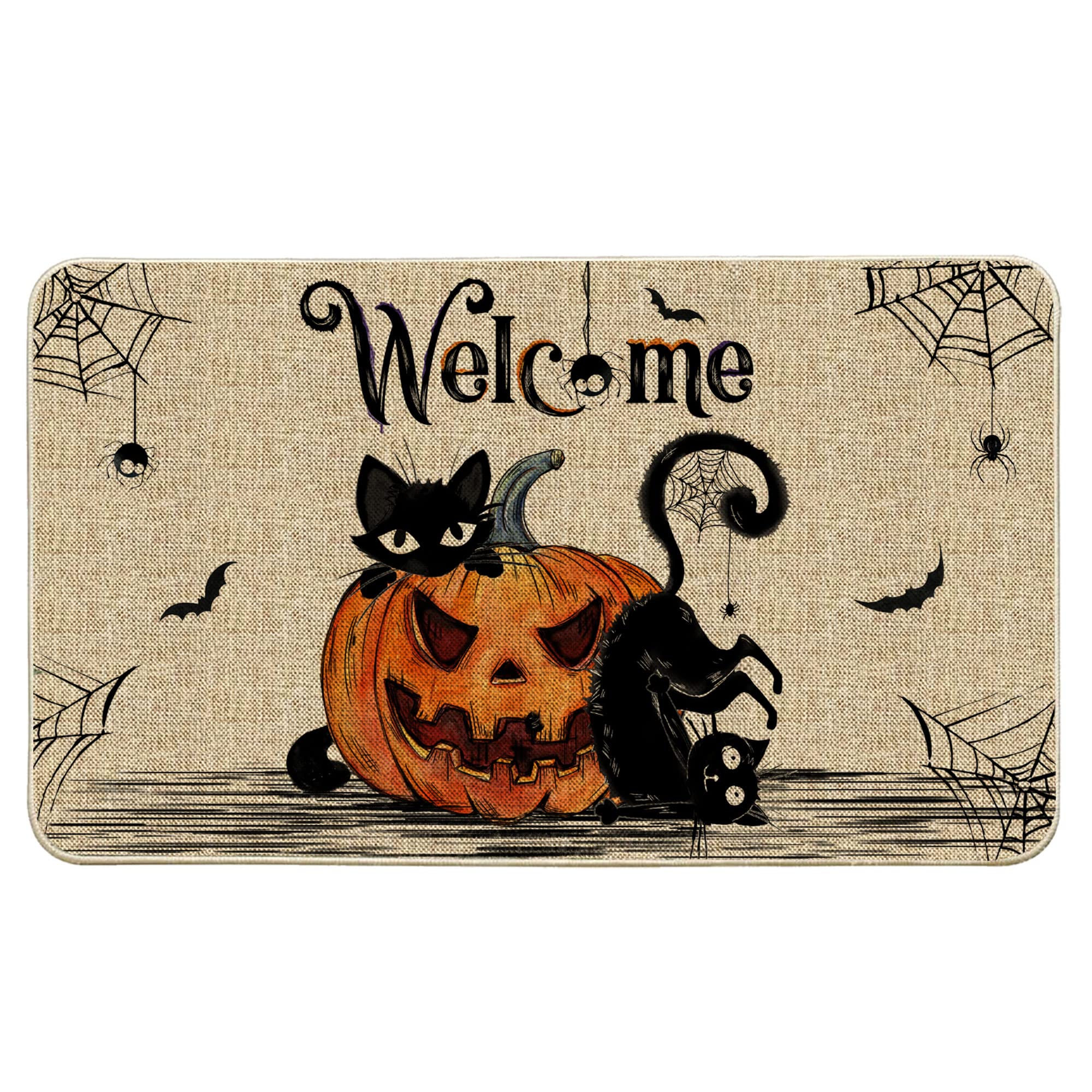 Hexagram Halloween Door Mat front view, black burlap design