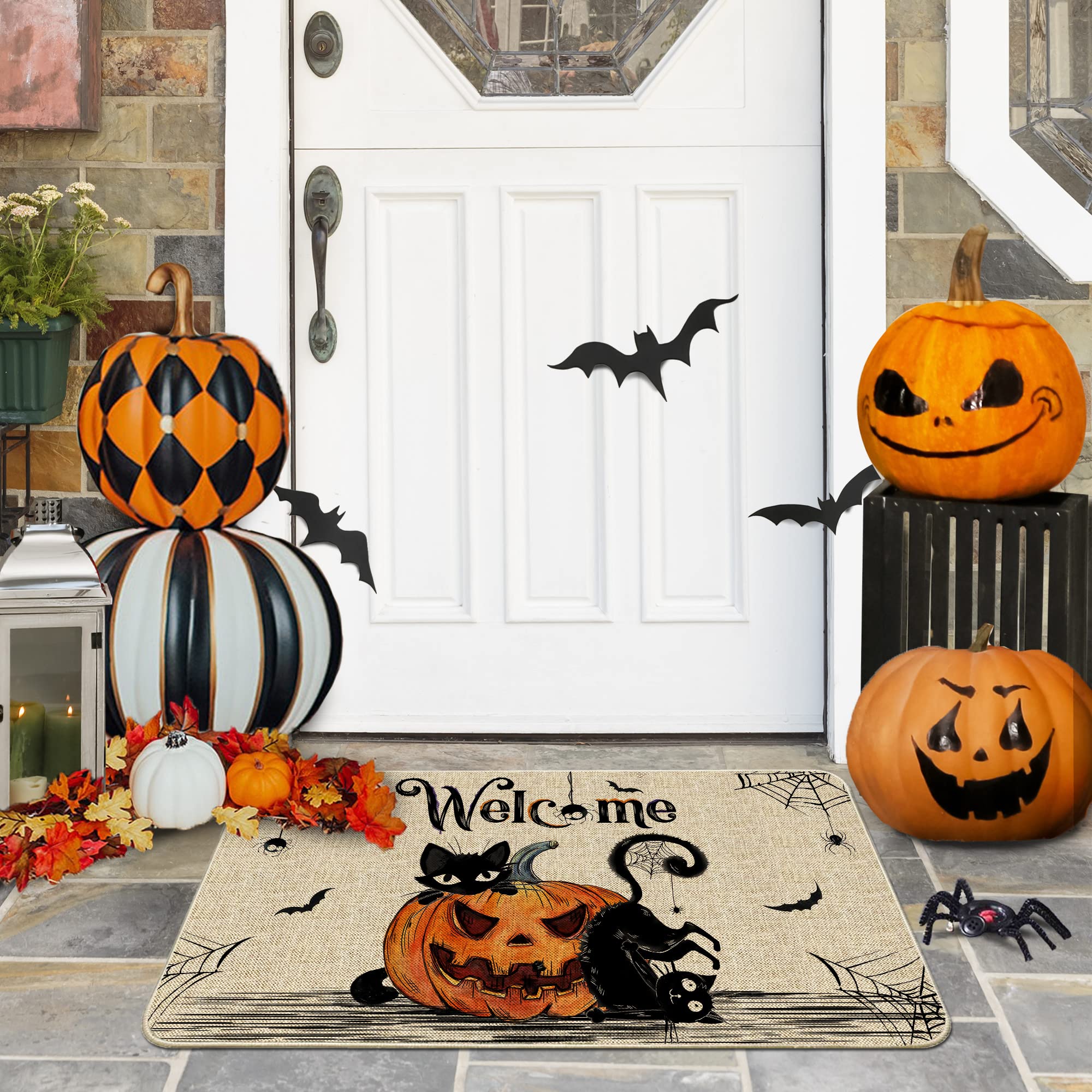 Hexagram Halloween Door Mat in outdoor setting, welcoming guests
