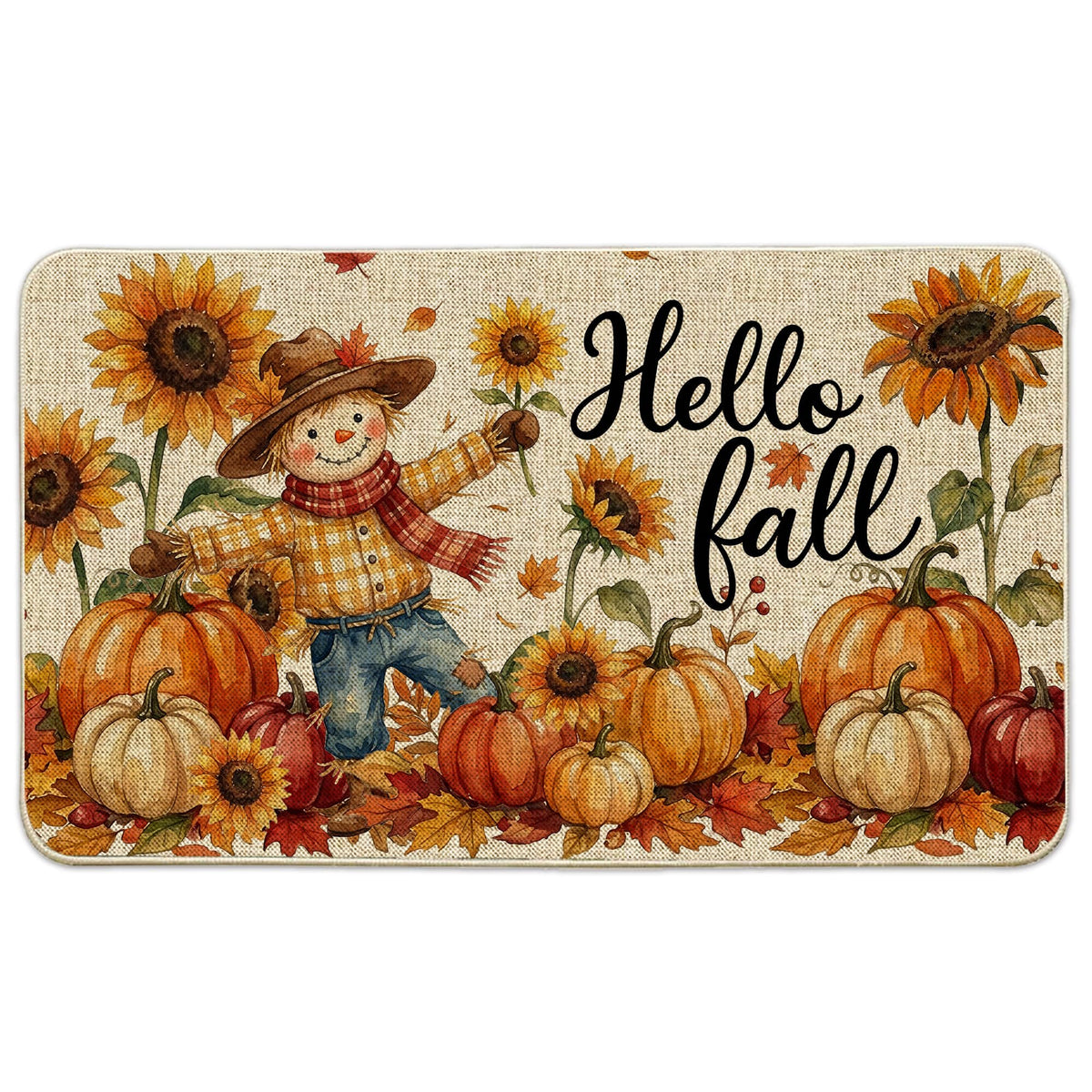 Hexagram Hello Pumpkin Fall Door Mat front view with scarecrow design