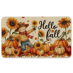 Hexagram Hello Pumpkin Fall Door Mat front view with scarecrow design