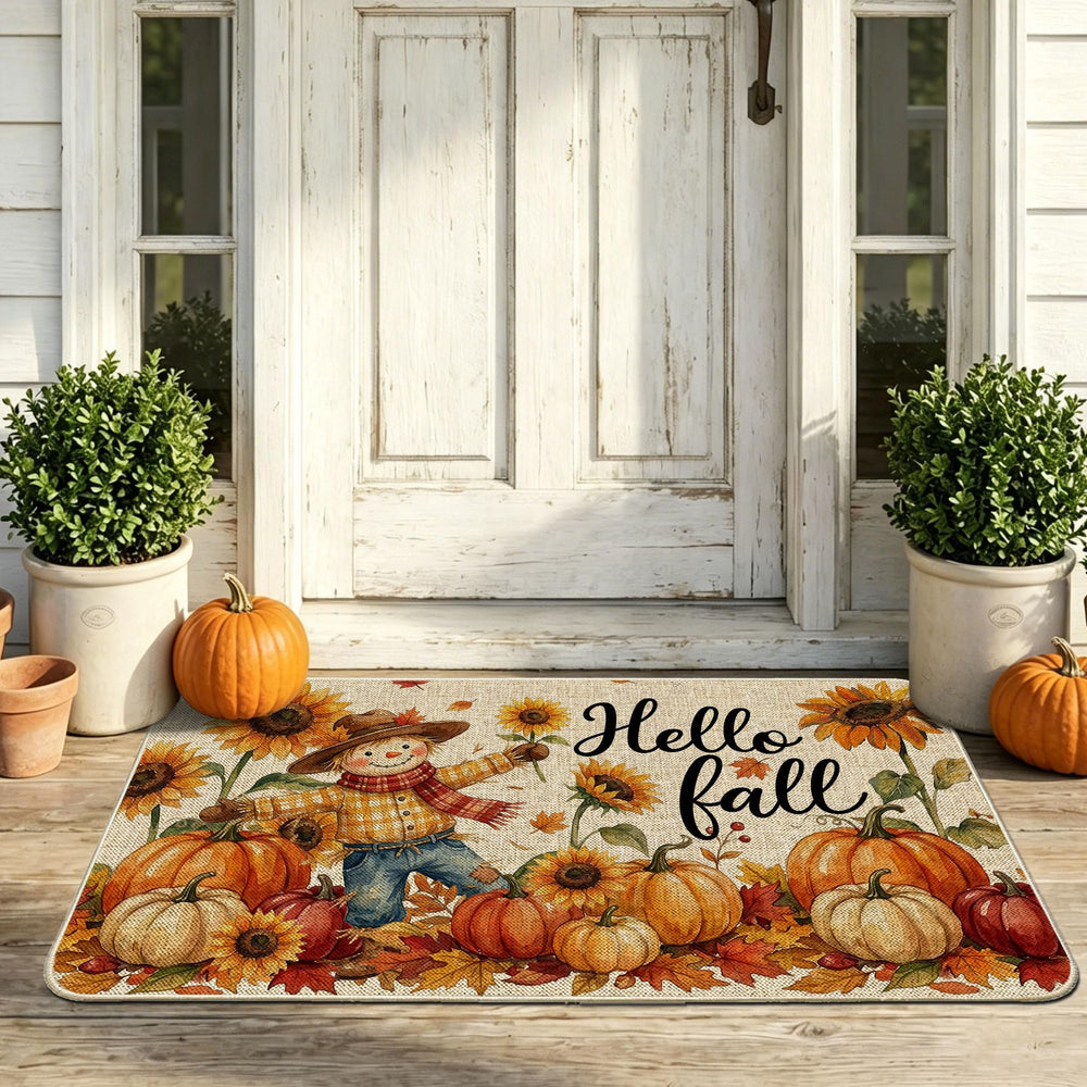 Hexagram Hello Pumpkin Fall Door Mat with autumn leaves