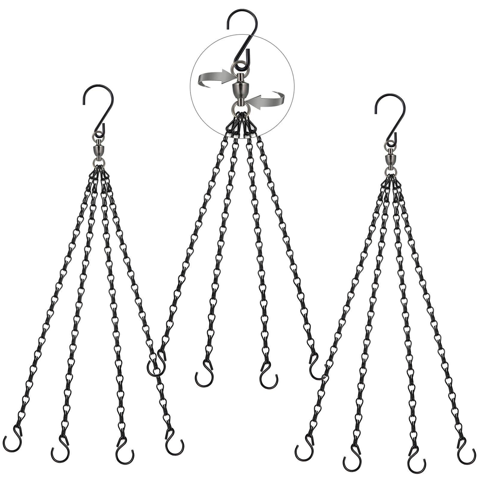 Heybe Swivel Hanging Basket Chains 23 Inch pack of 3 black iron hooks