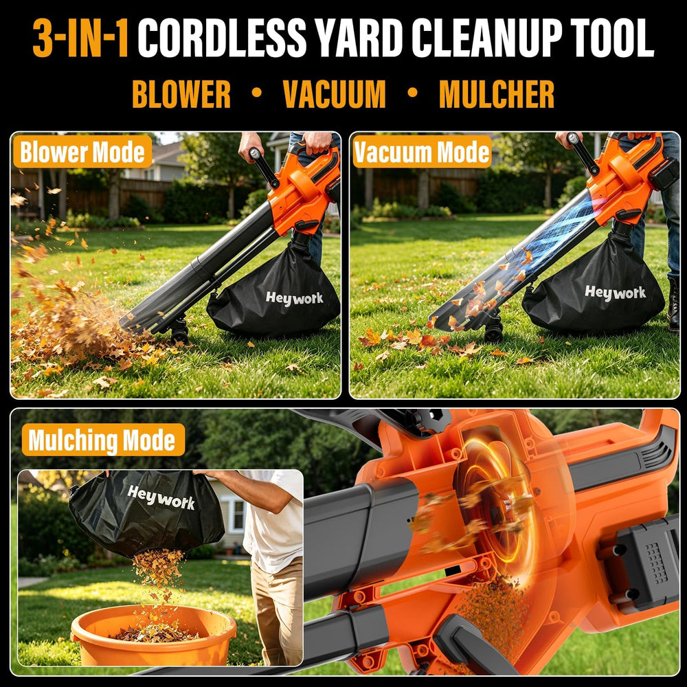 Heywork 40V Yard Blower Vacuum side view showing collection bag