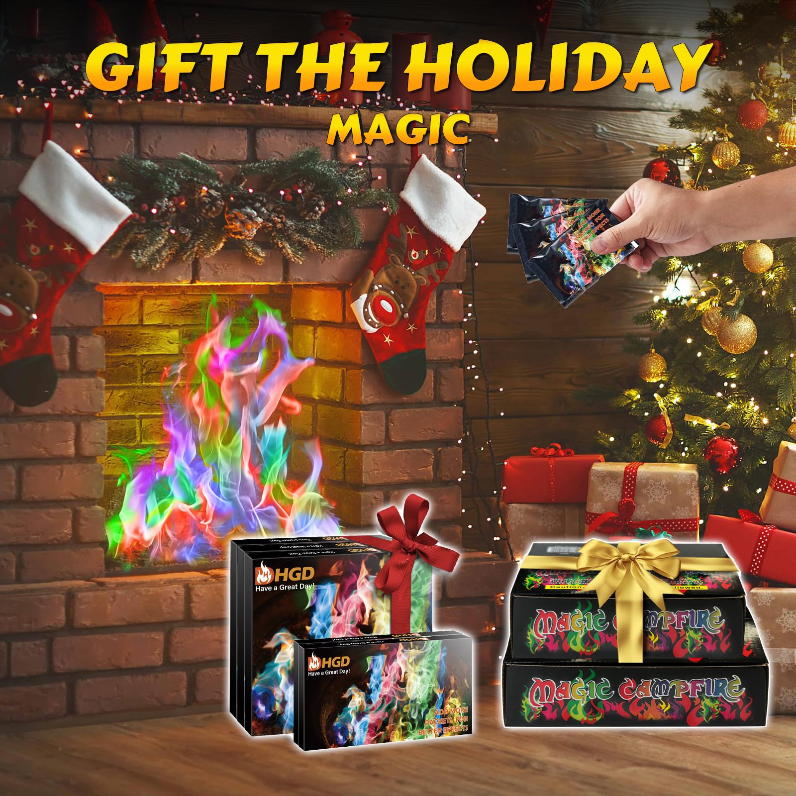 HGD Color Changing Packets in a cozy indoor fireplace