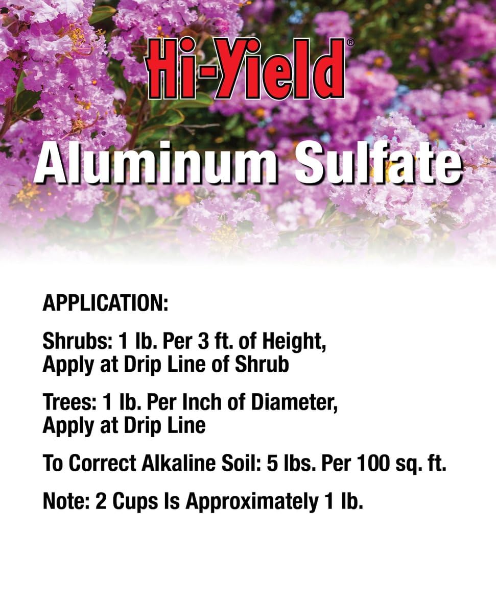 Hi-Yield Aluminum Sulfate in a garden setting next to acid-loving plants