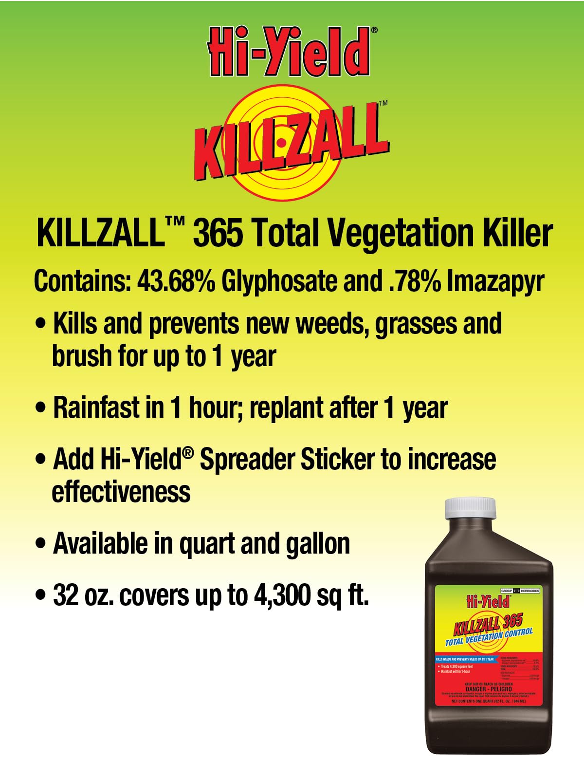 Hi-Yield Killzall 365 bottle showing label and safety information