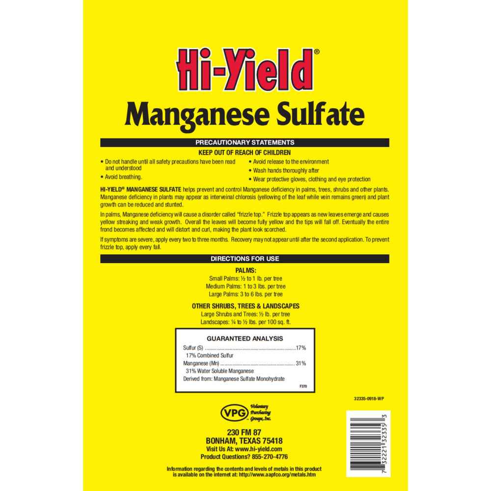 Hi-Yield Manganese Sulfate 4 lbs granules side view with product details