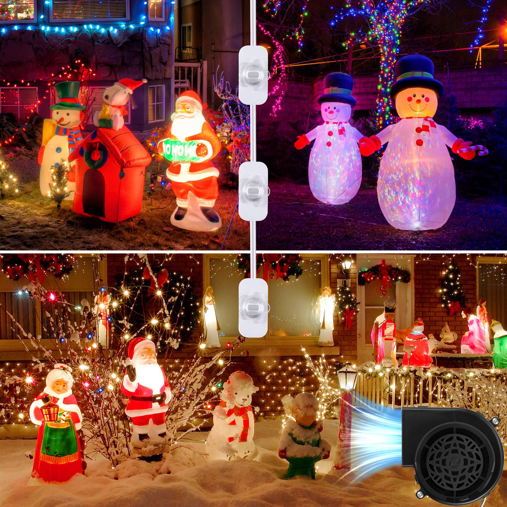 Hiboom fan blower and light string in a festive setting