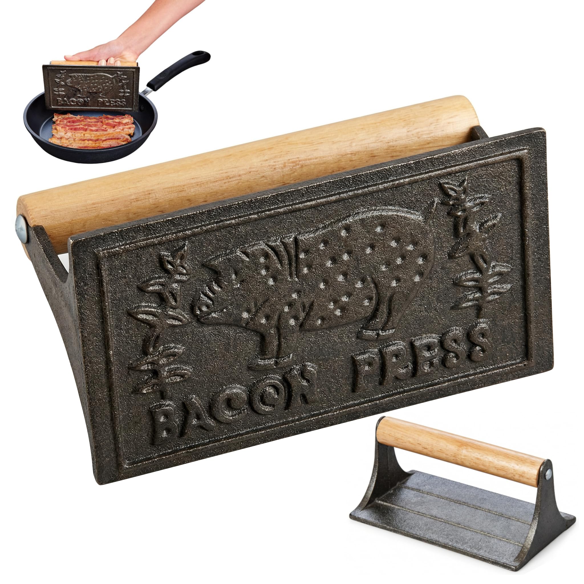 HIC Kitchen Bacon Press front view with wooden handle