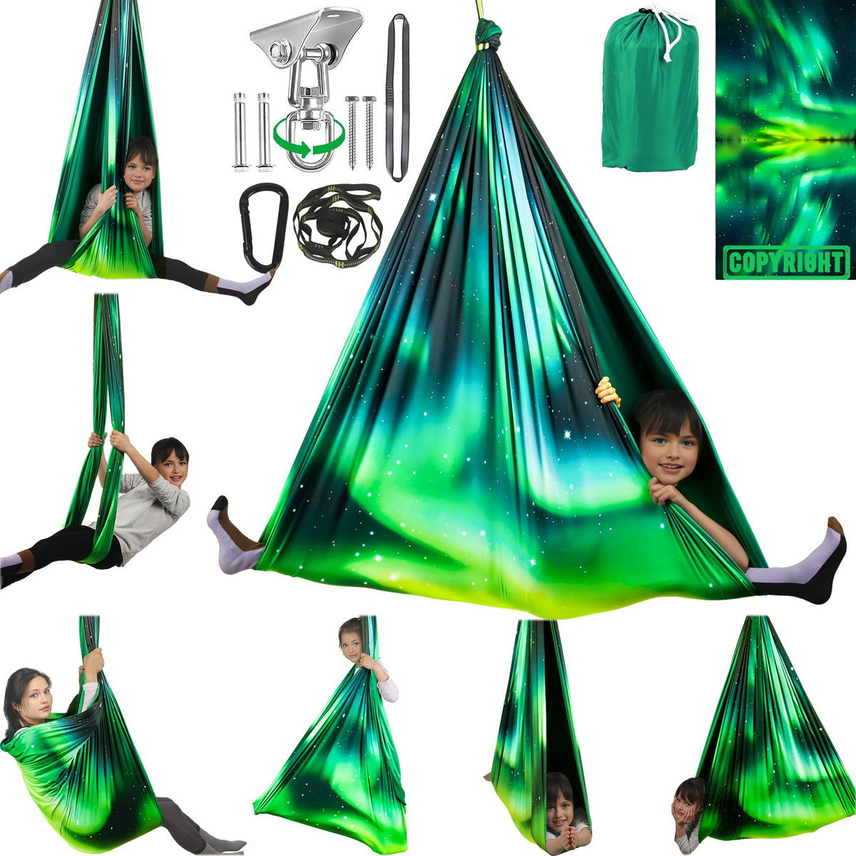 HiCamer Double Layer Sensory Swing front view in Aurora Green