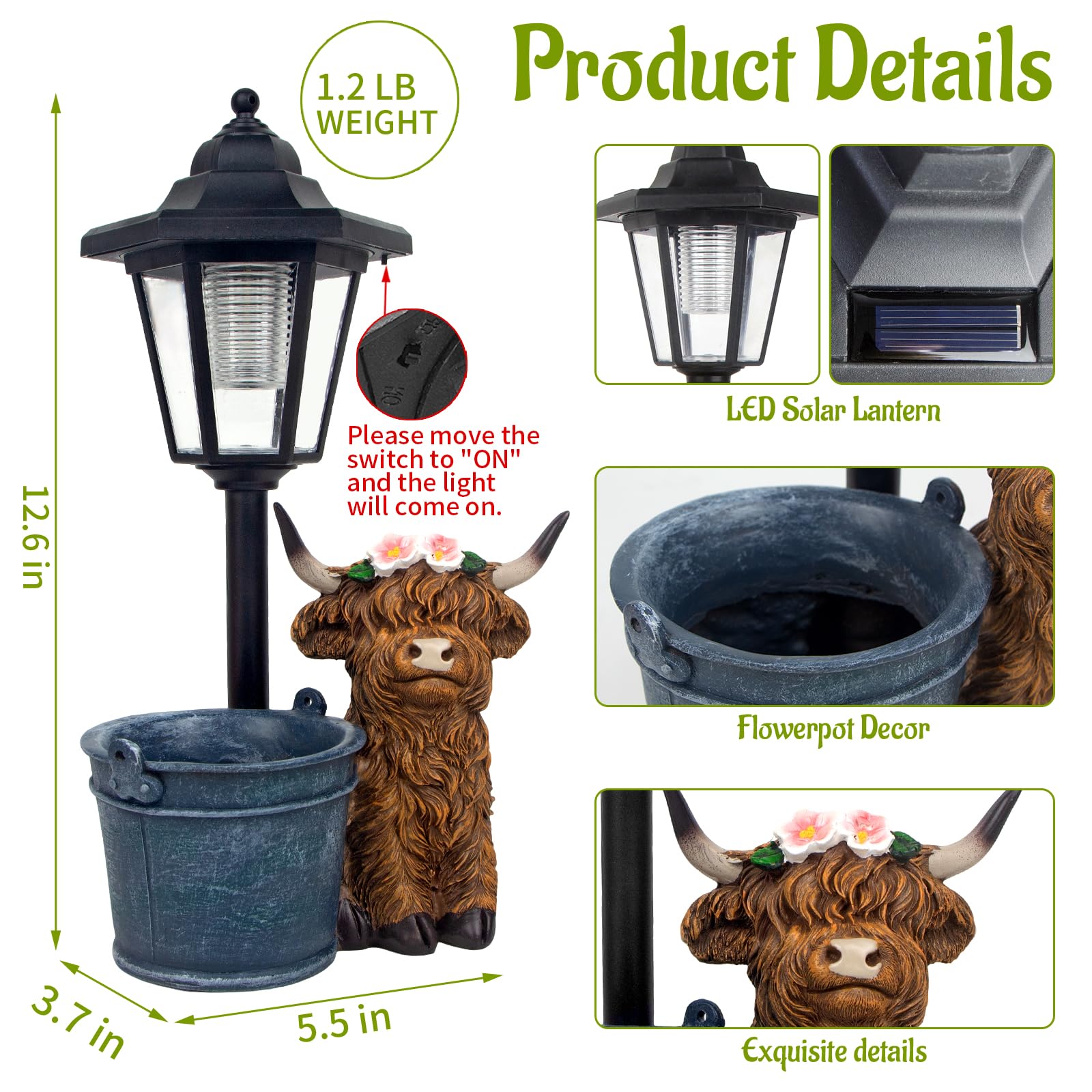 Highland cow garden statue with lantern and planter