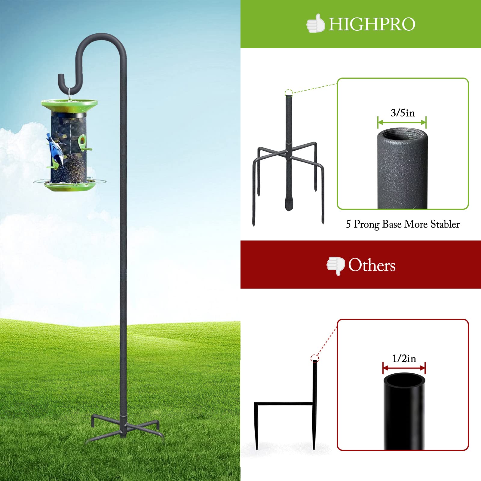 Highpro 47 Inch Shepherds Hook holding hummingbird feeder