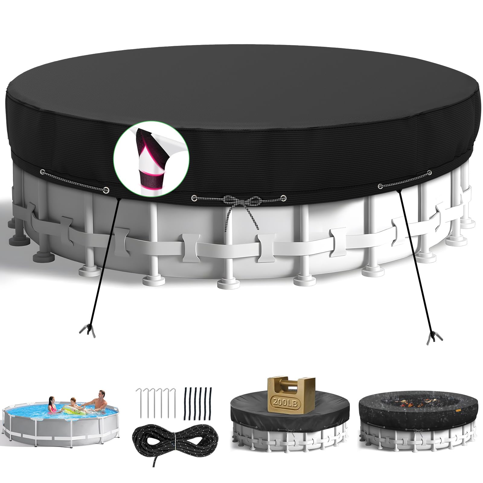 HIGHTQURO 18FT Round Pool Cover, black, front view