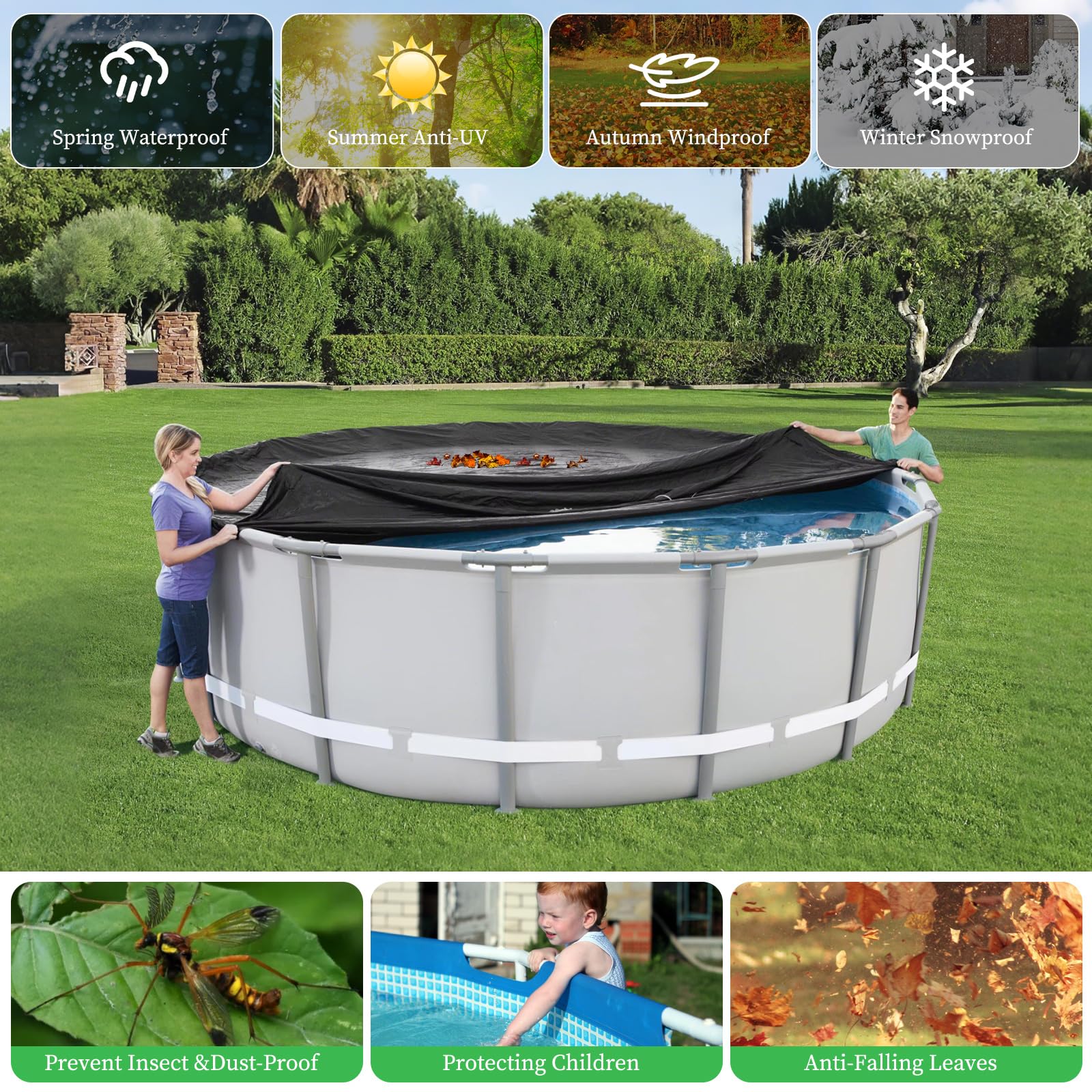 HIGHTQURO 18FT Round Pool Cover, black, windproof rope detail