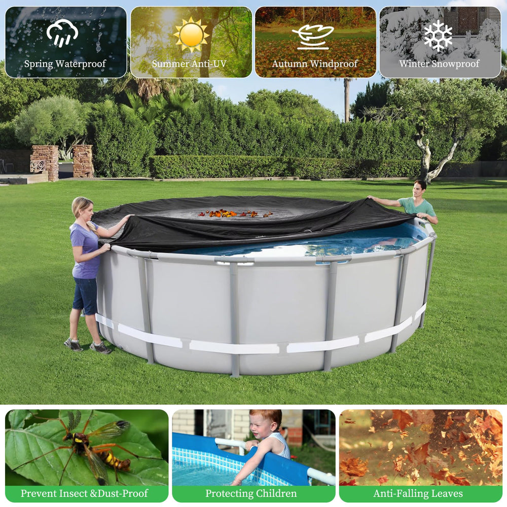 HIGHTQURO 18FT Round Pool Cover, black, windproof rope detail