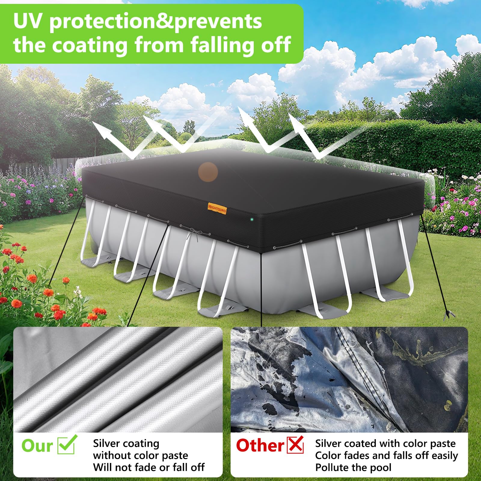 HIGHTQURO Rectangular Pool Cover 7x13FT with ground nails and ropes