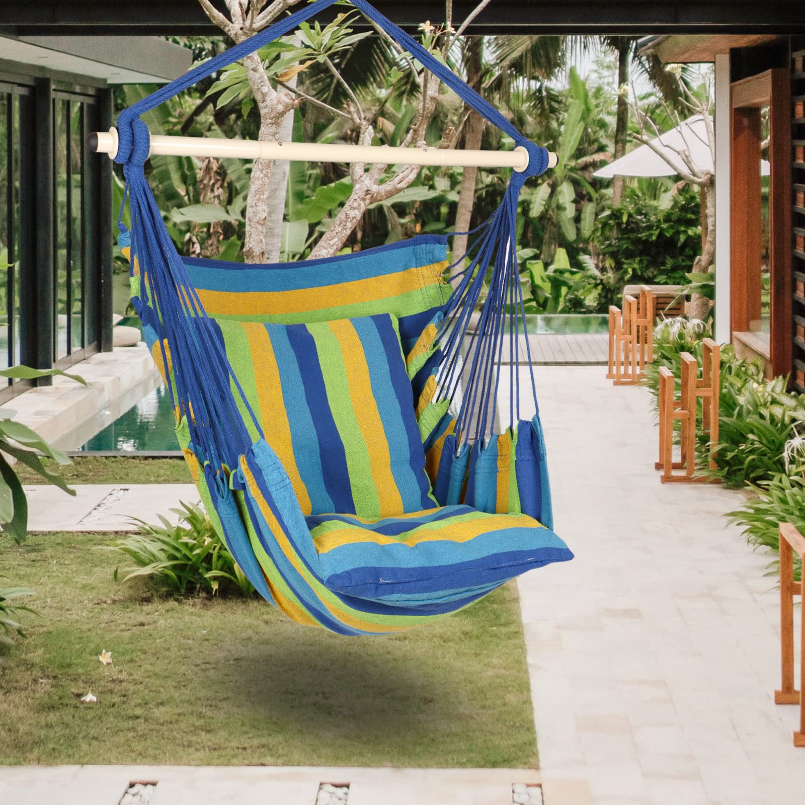 Highwild Hammock Chair Swing with cushions on a patio