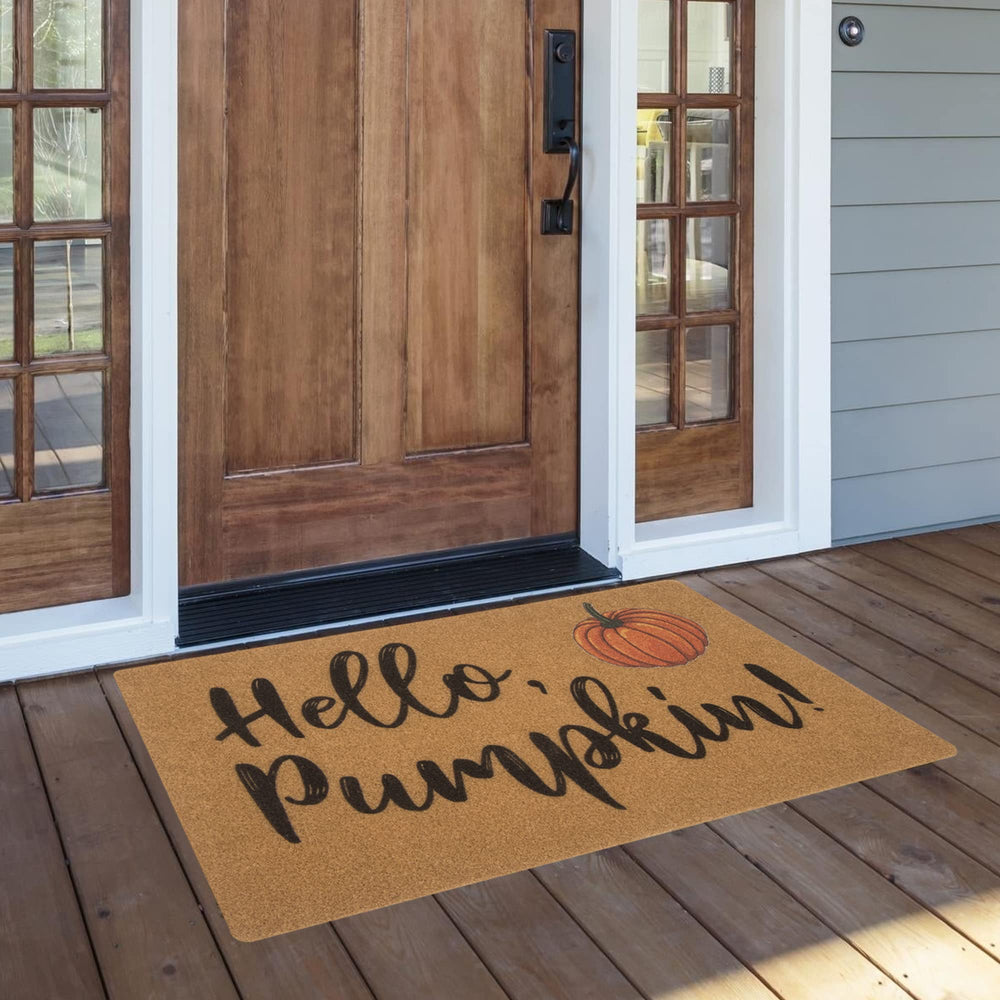 HinyBoeh Hello Pumpkin Doormat in a garden setting