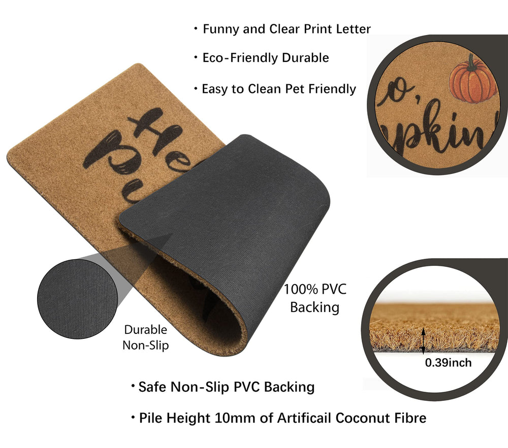 HinyBoeh Hello Pumpkin Doormat in outdoor setting