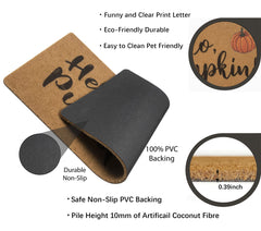 HinyBoeh Hello Pumpkin Doormat in outdoor setting