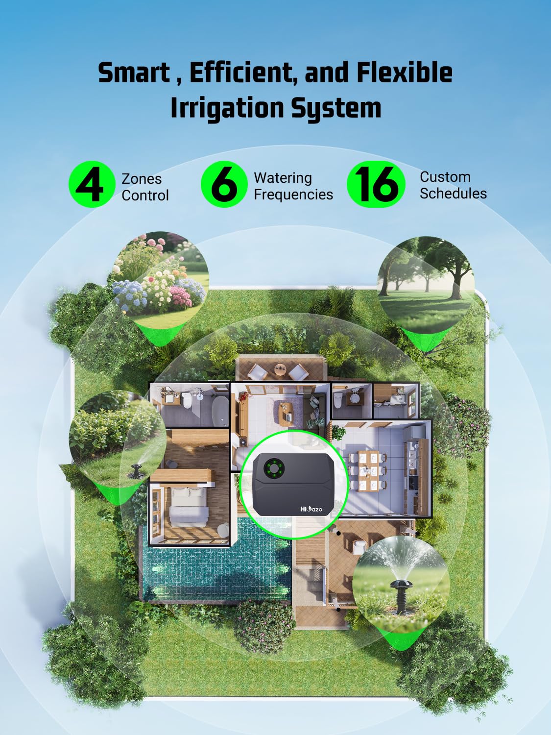 HiOazo Smart Sprinkler Controller in use on garden landscape