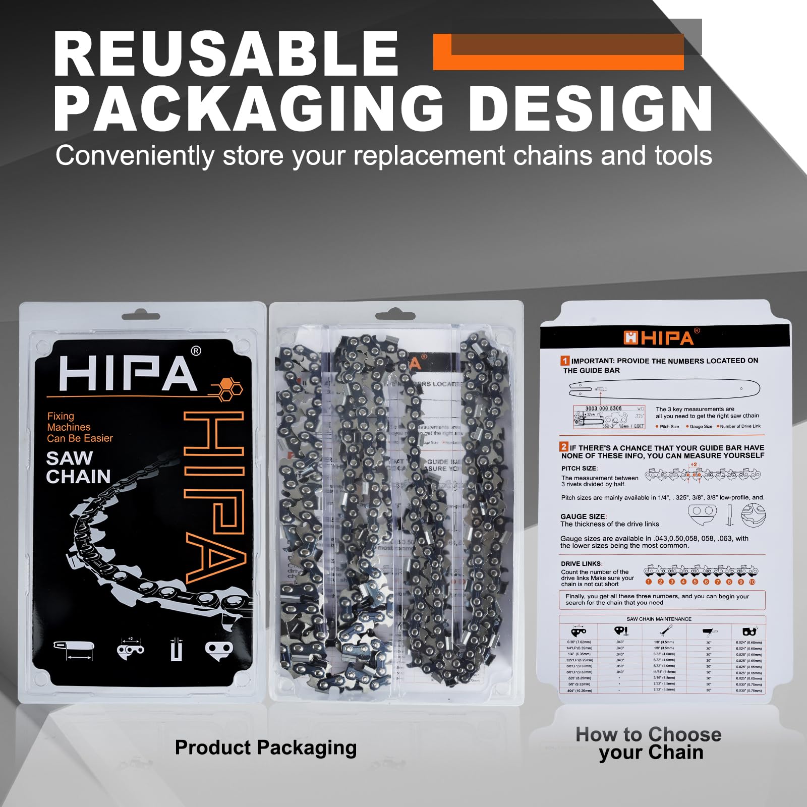 Hipa chainsaw chain packaging with specifications