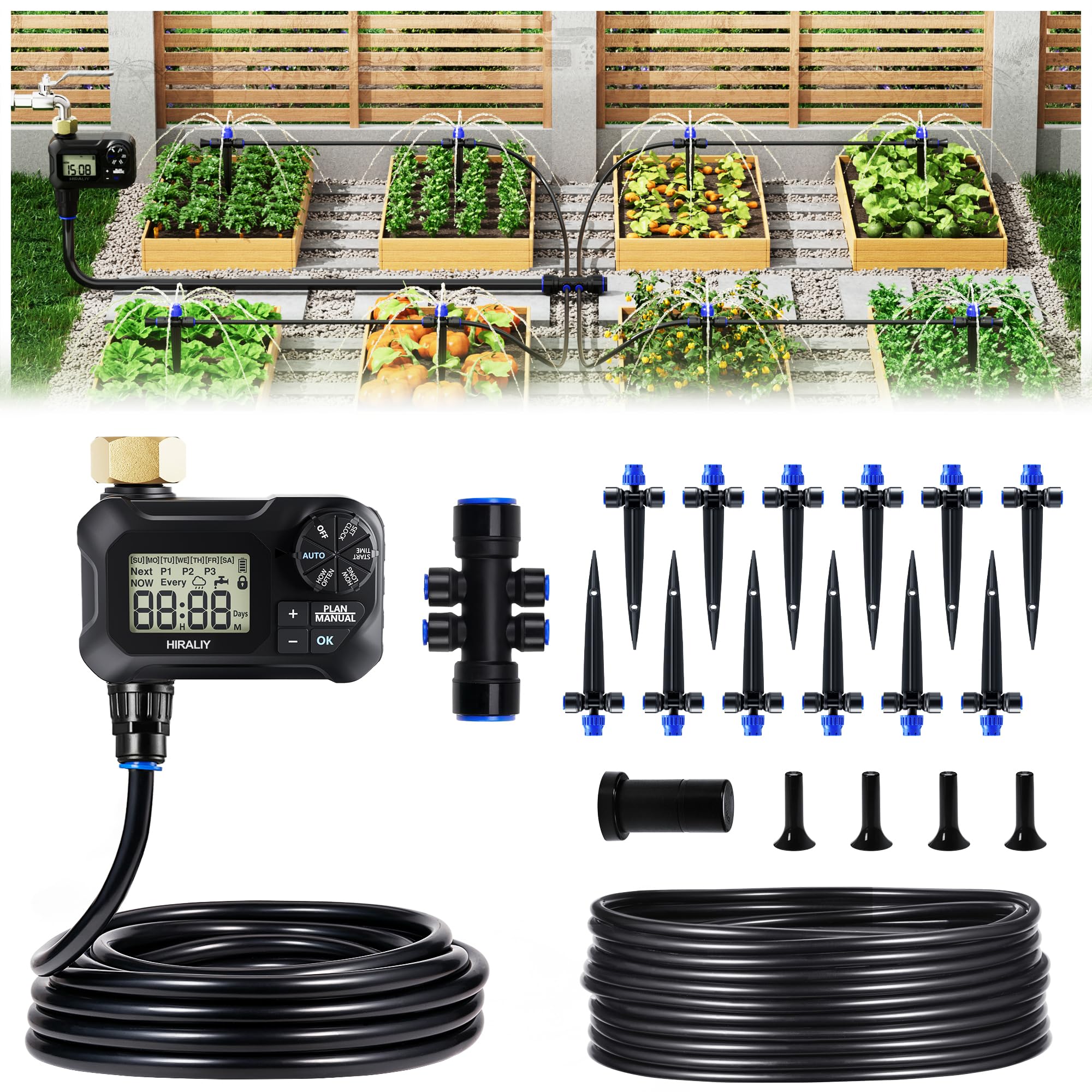 HIRALIY 50FT Automatic Drip Irrigation Kit with Timer components layout