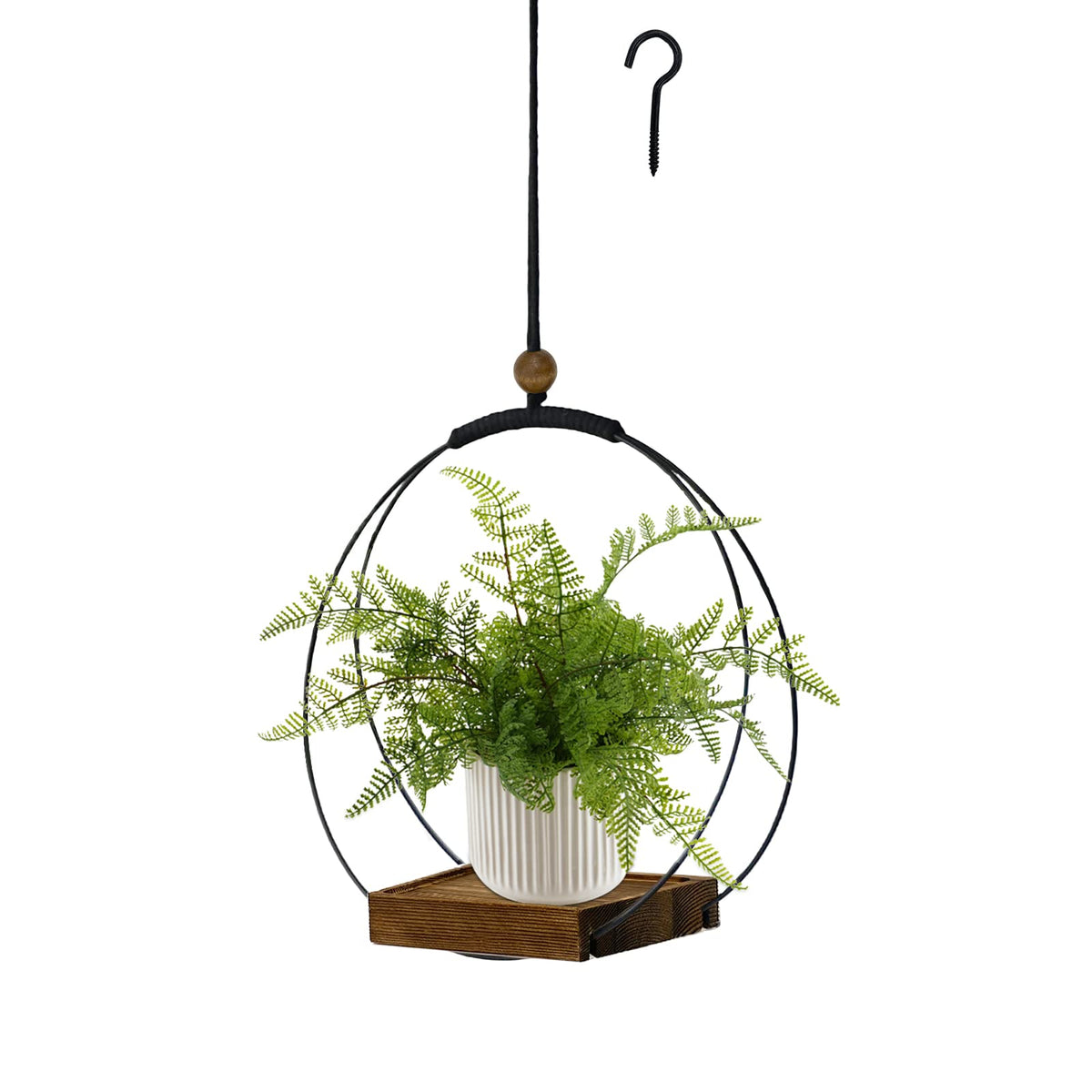 hismocal black hanging planter front view with wood base