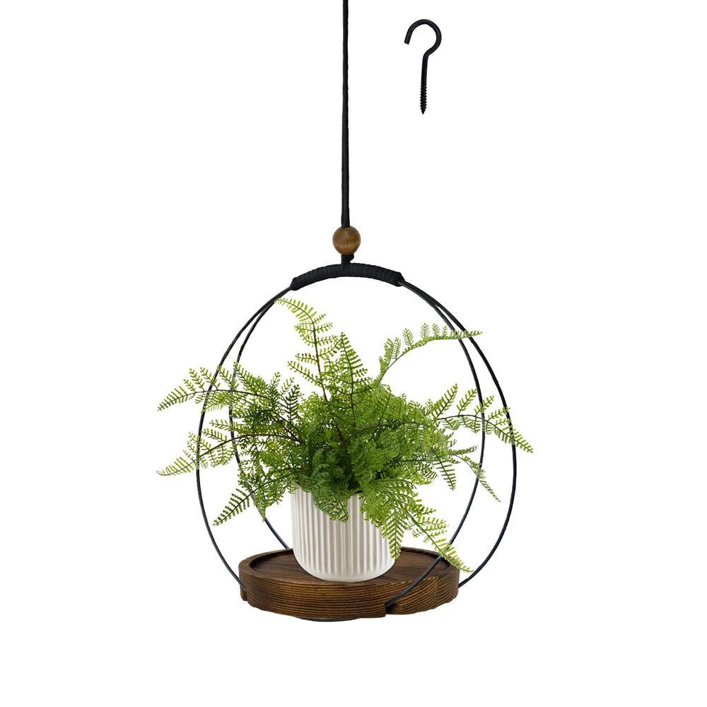 hismocal Hanging Planter Black front view with sturdy wood base