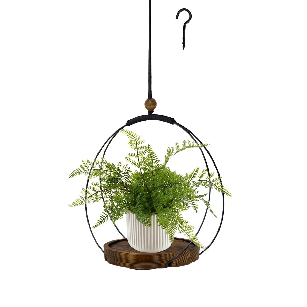 hismocal Hanging Planter Black front view with sturdy wood base