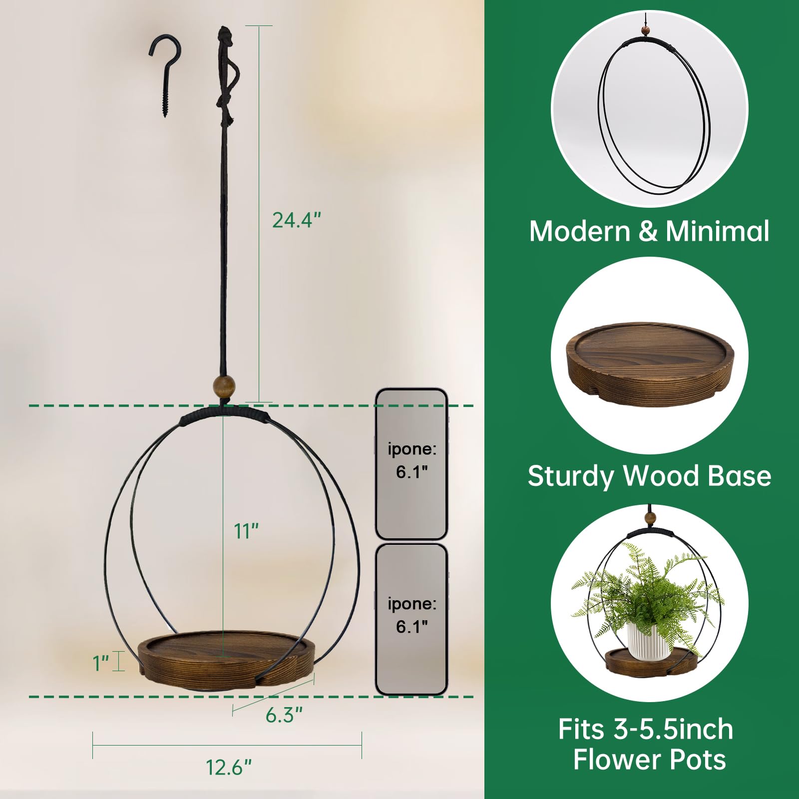 hismocal Hanging Planter Black with plant for indoor decor