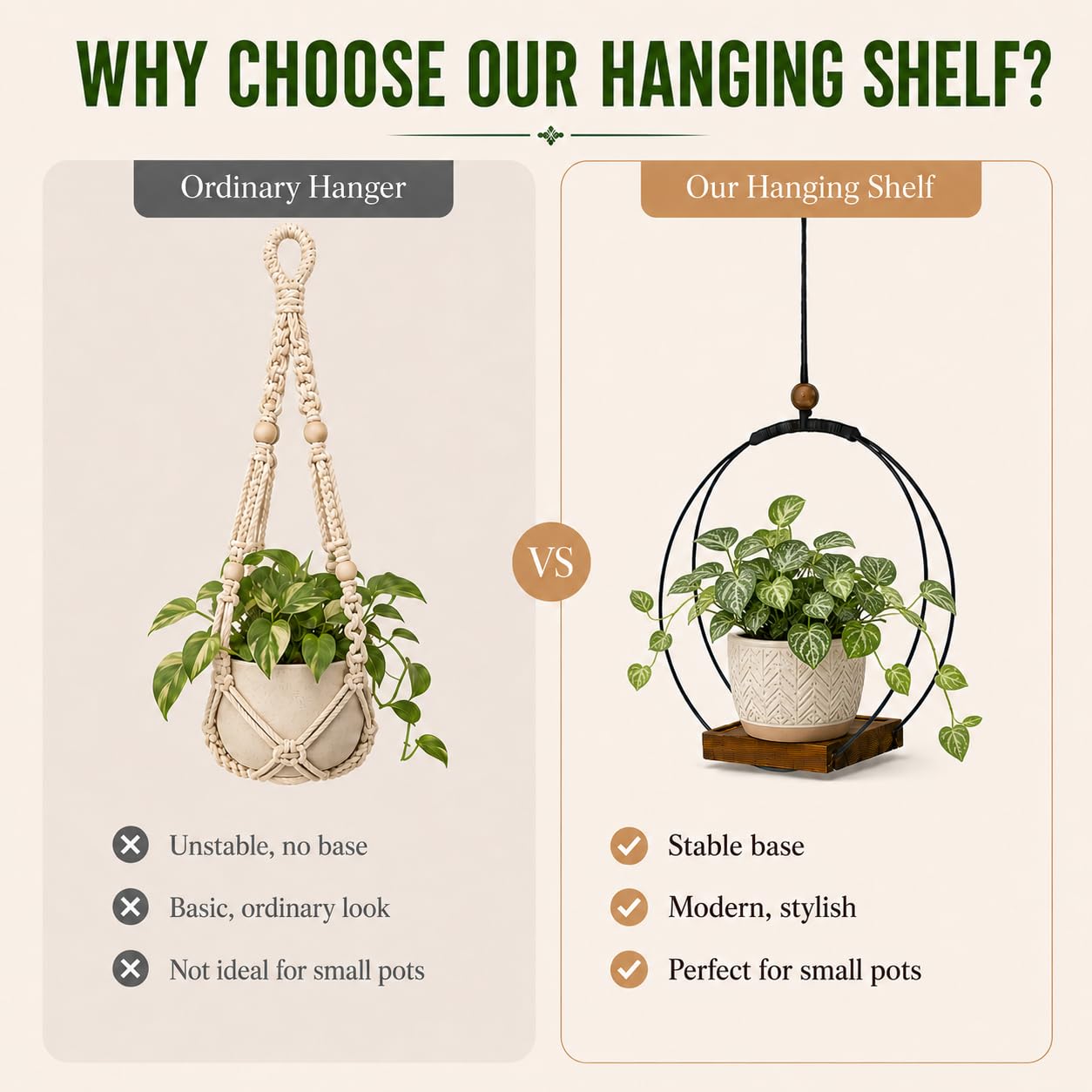 hismocal hanging planter side view showing adjustable rope