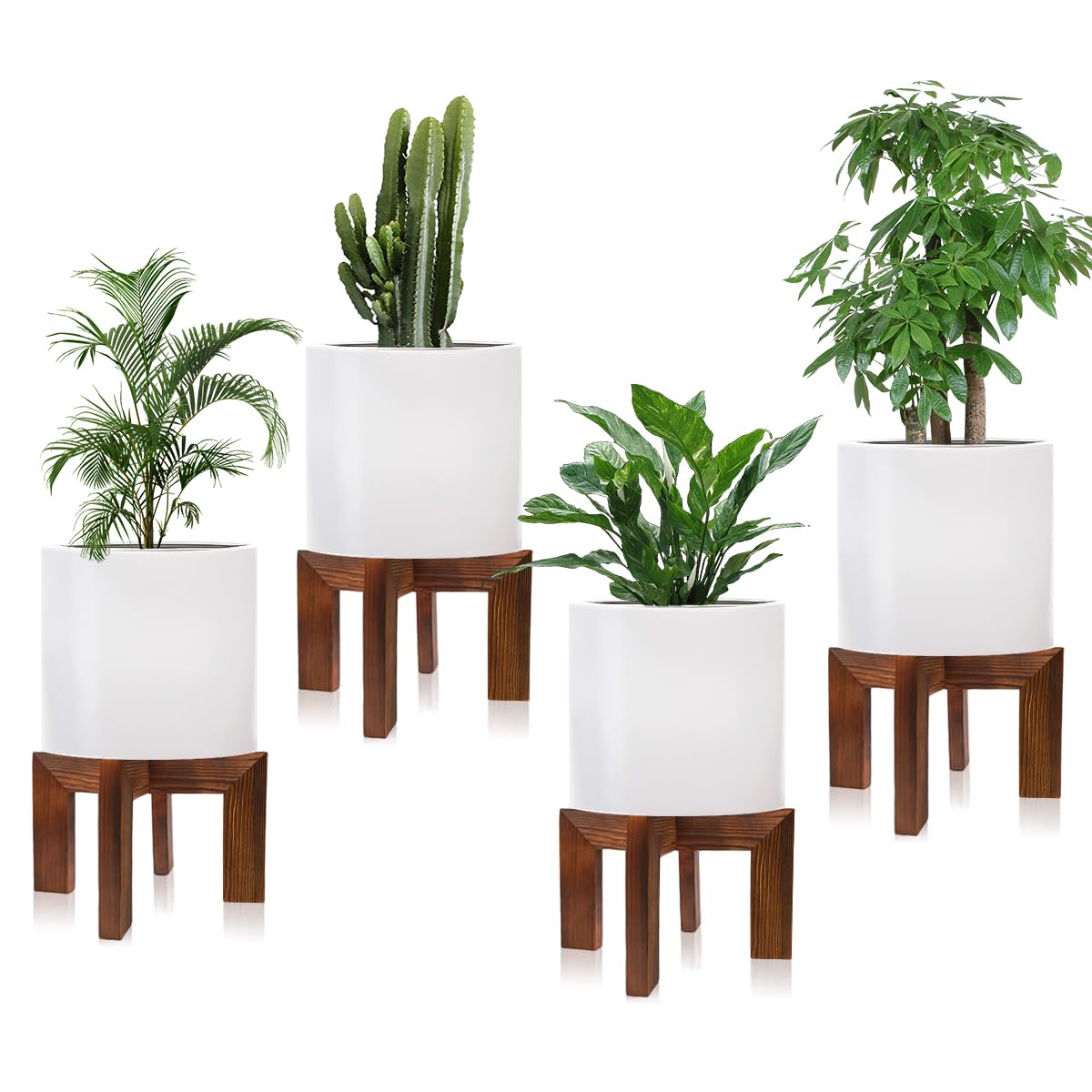 hismocal wood plant stand front view with flower pots